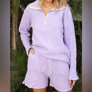 DONNI Waffle Half Zip Pullover Top in Lilac Purple